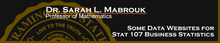 Sarah L. Mabrouk's Data Websites for STAT 107 Business Statistics.  Left-click to go to the home page.