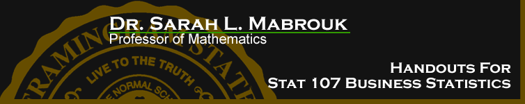 Sarah L. Mabrouk's Handouts for STAT 107 Business Statistics.  Left-click to go to the home page.