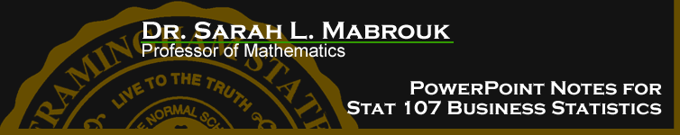 Sarah L. Mabrouk's PowerPoint Notes for STAT 107 Business Statistics.  Left-click to go to the home page.