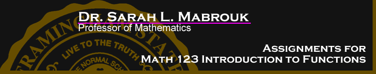 Sarah L. Mabrouk's Assignments for MATH 123 Introduction to Functions.  Please left-click to go to the home page.