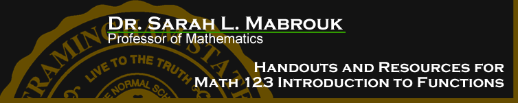 Sarah L. Mabrouk's Handouts and Resources for MATH 123 Introduction to Functions.  Please left-click to go to the home page.