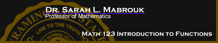 Sarah L. Mabrouk's MATH 123 Introduction to Functions.  Please left-click to go to the home page.